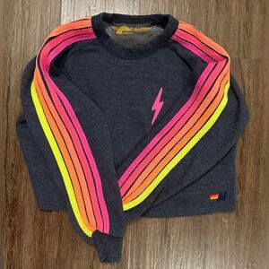 Aviator Nation Bolt Embroidery Cropped Sweatshirt in Heather Navy/Neon Stripes